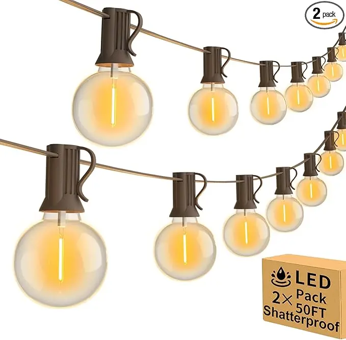 100ft 2-Pack Outdoor String Lights, Dimmable G40 LED String Lights