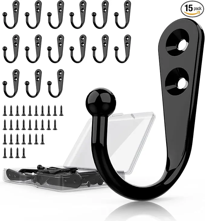 15 Pcs Black Wall Mounted Coat Hooks, Hanger Hook