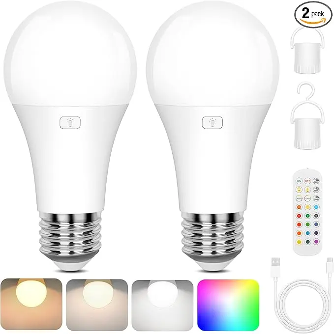 2-Pack A19 Rechargeable Light Bulbs