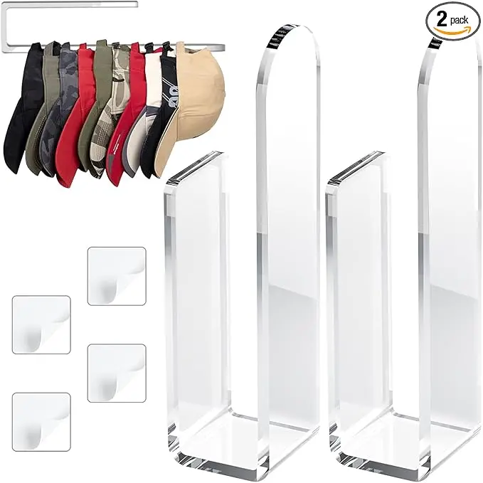 2 Pack Hat Rack for Baseball Cap, Adhesive Hat Hooks for Wall, Acrylic Hat