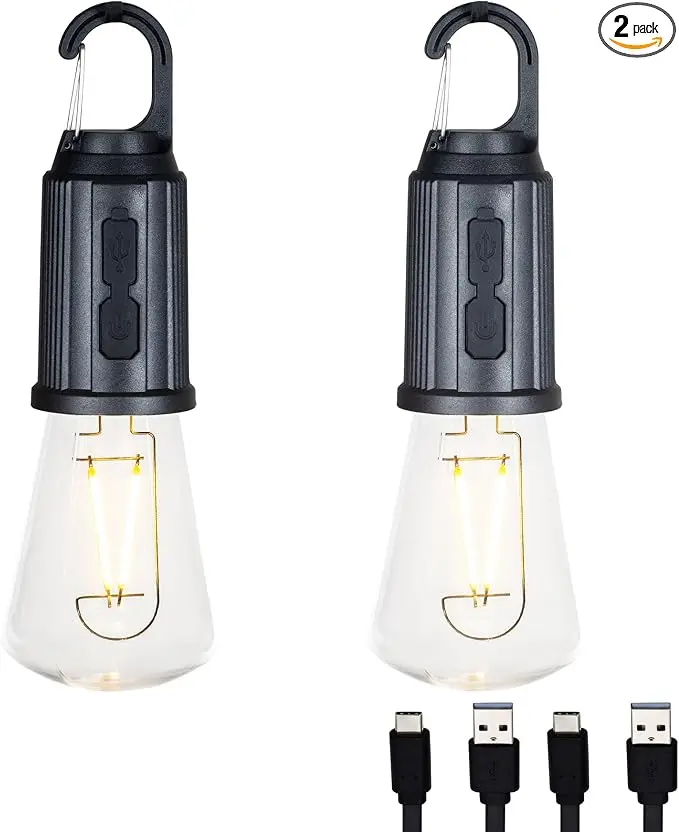 2-Pack Rechargeable Camp Light, Warm White LED Conical Bulb, Battery Powered