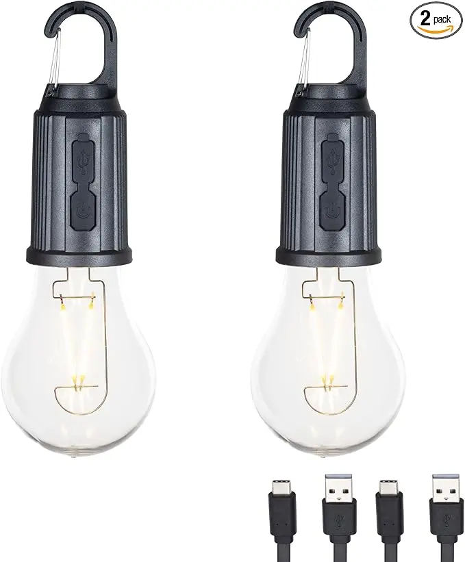 2-Pack Rechargeable Camp Light, Warm White LED Globe Bulb, Battery Powered