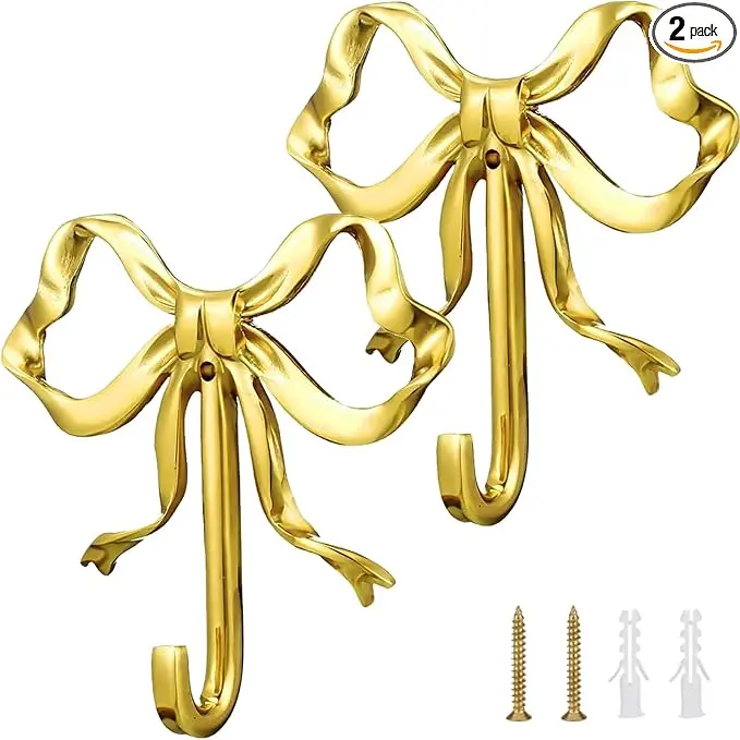 2 Pcs Gold Bow Wall Hooks