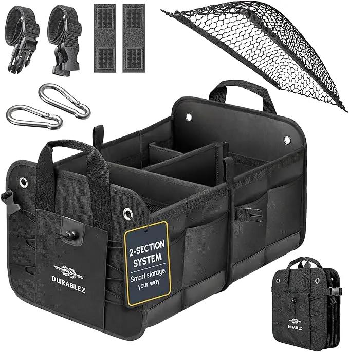 2-Section Trunk Organizer Foldable Car Storage Bin – Compact Dual-Compartment
