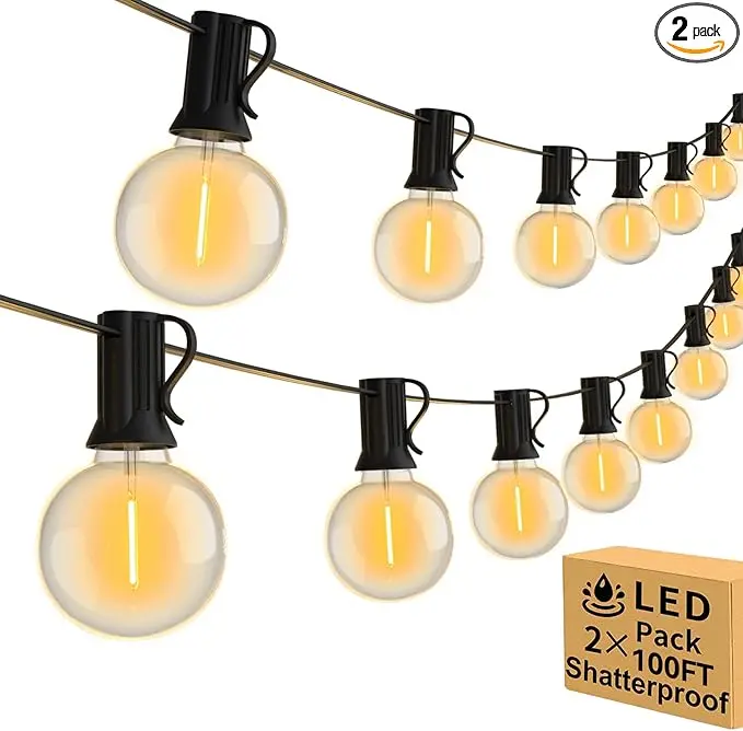 200ft 2-Pack Outdoor String Lights, Dimmable G40 LED String Lights