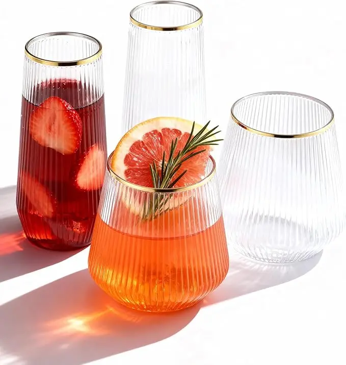 48 Pack Disposable Ribbed Origami Ripple Plastic Glasses Set