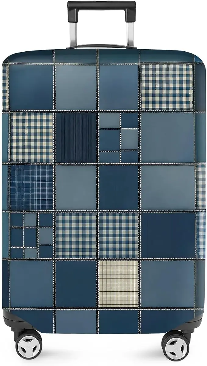 ANNA QUEEN Blue Patchwork Luggage Cover, Modern Grid Suitcase Protector