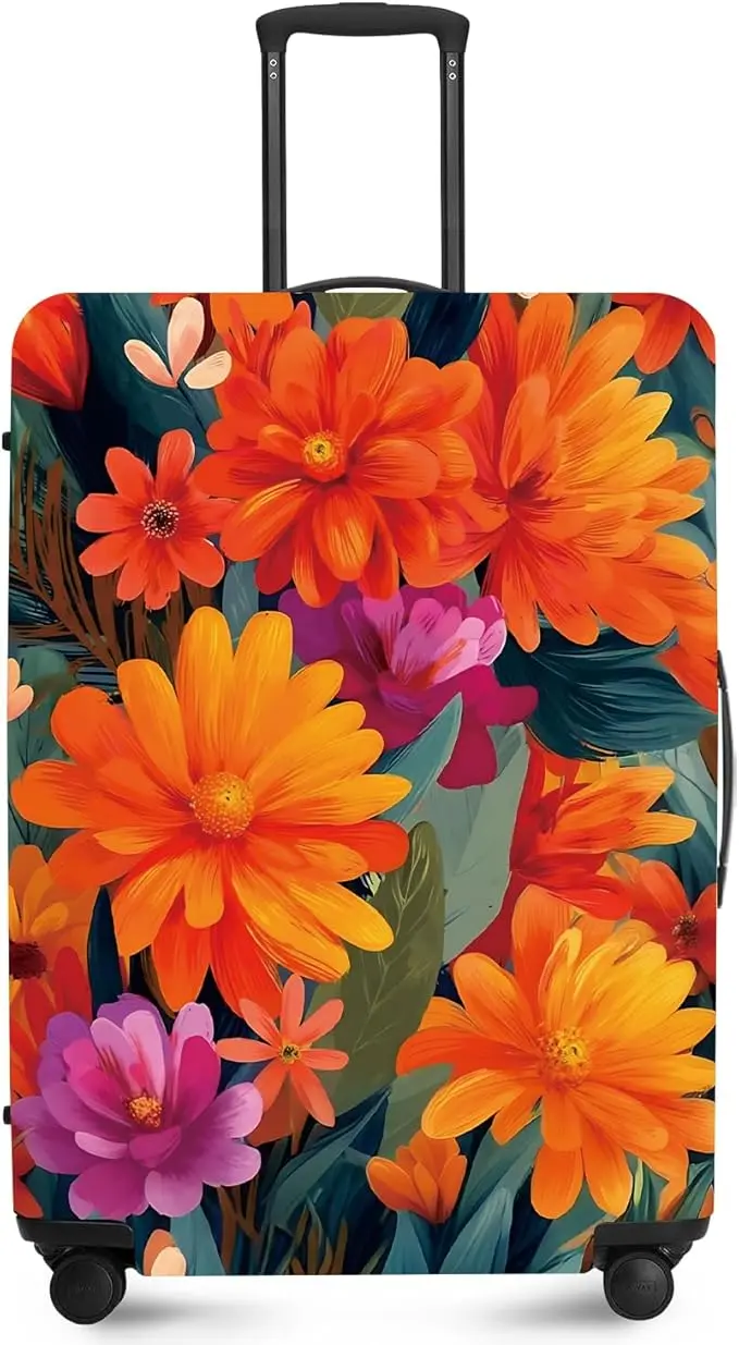 ANNA QUEEN Boho Floral Luggage Cover, Spring Orange Flower Pattern Suitcase