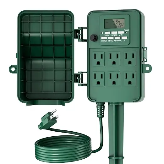 BN-LINK Outdoor Power Stake, 7-Day Programmable Digital Timer, 6 Outlets