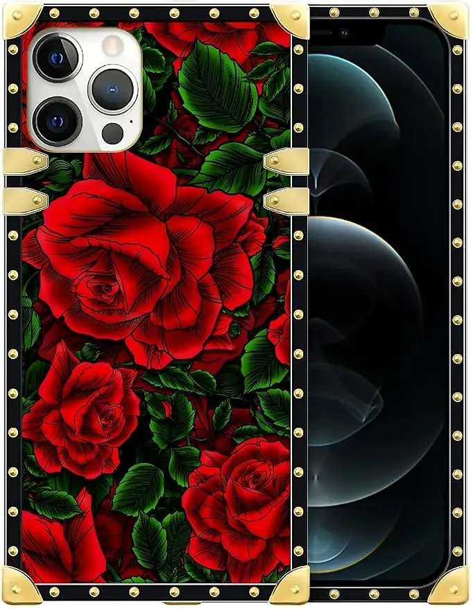 Compatible with iPhone 12 Pro Max Case, Vector Red Rose Green Leaf Luxury