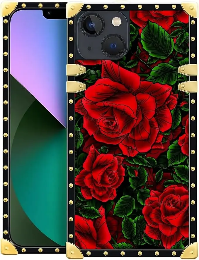 Compatible with iPhone 13 Case, Vector Red Rose Green Leaf Luxury Golden