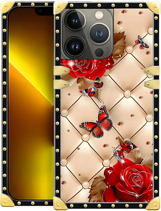 Compatible with iPhone 13 Pro Max Case, Shining Red Rose Butterfly Leather