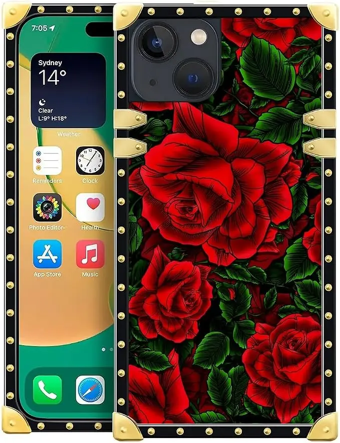 Compatible with iPhone 14 Case, Vector Red Rose Green Leaf Luxury Golden
