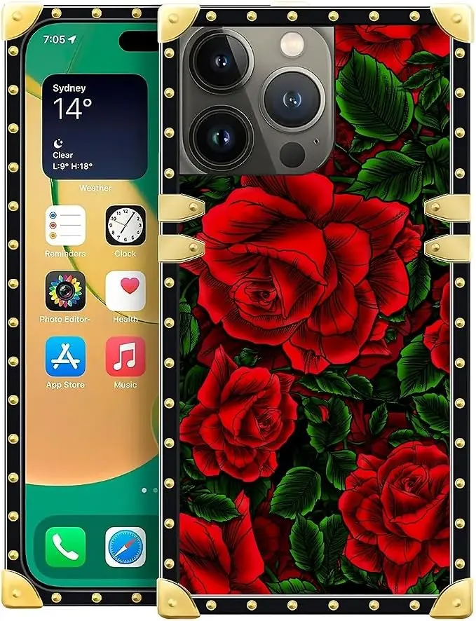 Compatible with iPhone 14 Pro Case, Vector Red Rose Green Leaf Luxury Golden
