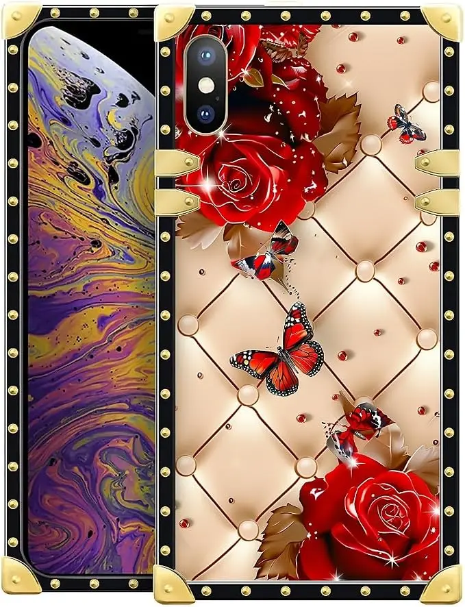 Compatible with iPhone XR Case, Shining Red Rose Butterfly Leather Background