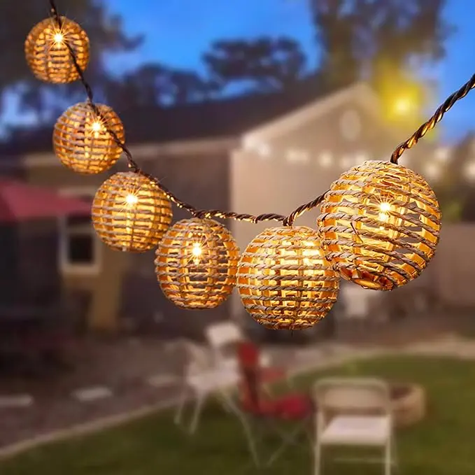 Decorative Outdoor Patio String Lights, Seagrass Rattan Wire Ball Style Lantern