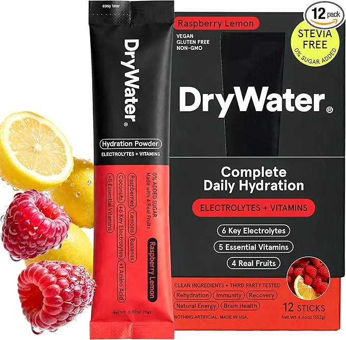 DryWater Electrolyte Powder Packets, Raspberry Lemon