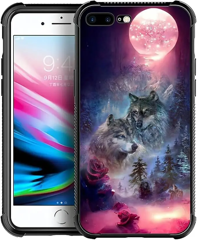 for iPhone 7 Plus/8 Plus Case, Star Two Wolfs Howling Pattern Graphic Design