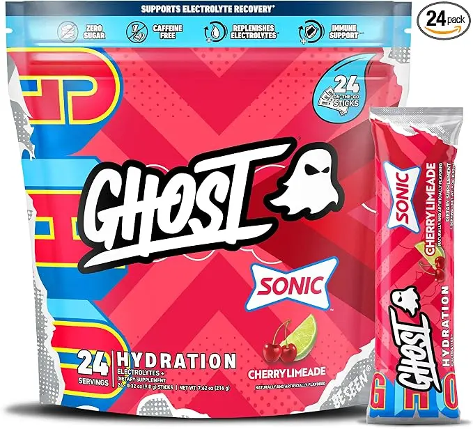 GHOST Hydration Packets, Sonic Cherry Limeade, 24 Sticks, Electrolyte Powder