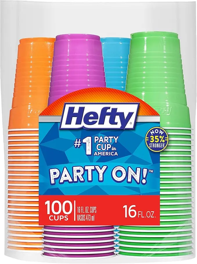 Hefty Party On Disposable Plastic Cups, 16 Ounce