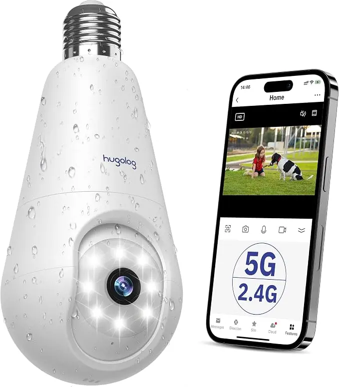 Hugolog 2K 3MP Light Bulb Security Camera 5G& 2.4GHz WiFi, 360° Wireless