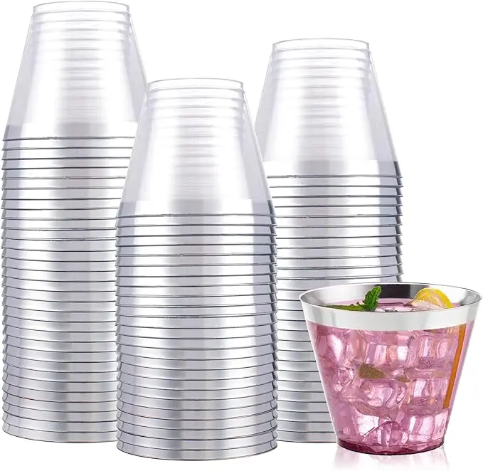I00000 100PCS Silver Plastic Cups, 9 oz Clear Plastic Cups