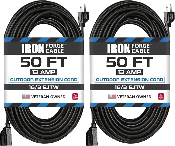Iron Forge Cable 2 Pack 50 Ft Black Extension Cord, 50 Foot Extension Cord