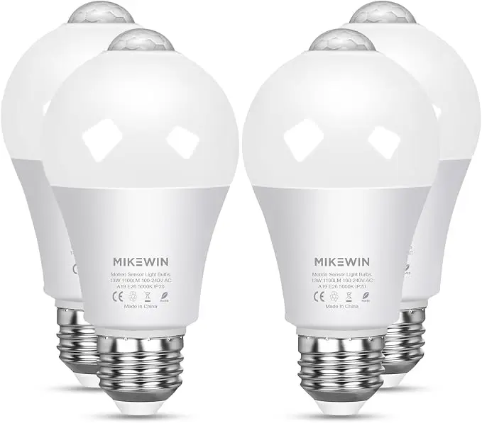 MikeWin Motion Sensor Light Bulbs Outdoor 4 Packs 13W Security LED Bulb