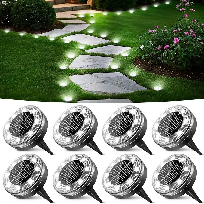 Peasur Mini Solar Ground Lights, 8 Pack Flat Solar Disc Lights Outdoor