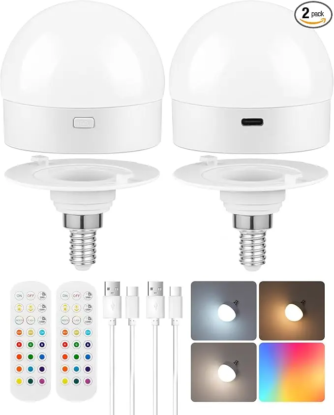 Rechargeable Light Bulbs with Remote Control, 2 Pack E12 Base Battery Operated