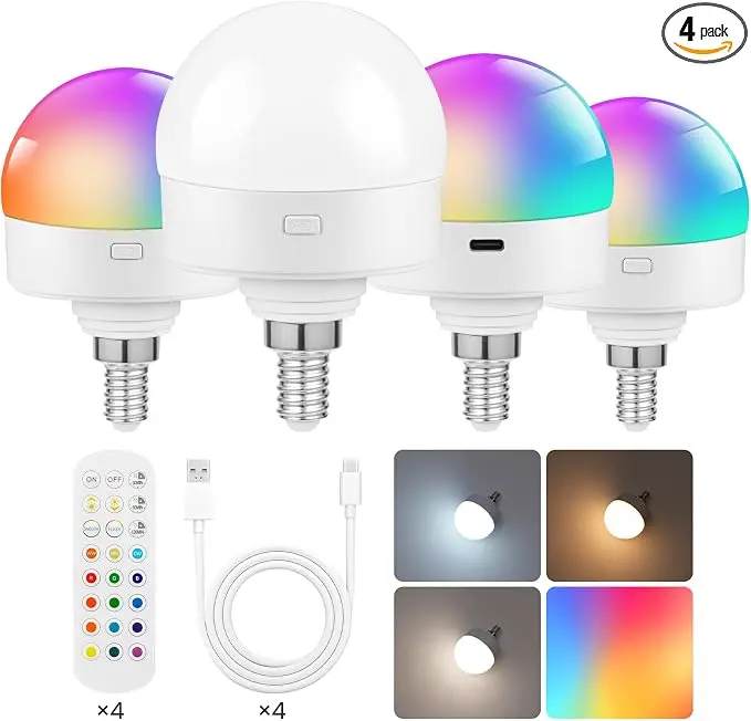 Rechargeable Light Bulbs with Remote Control, 4 Packs E12 Battery Operated