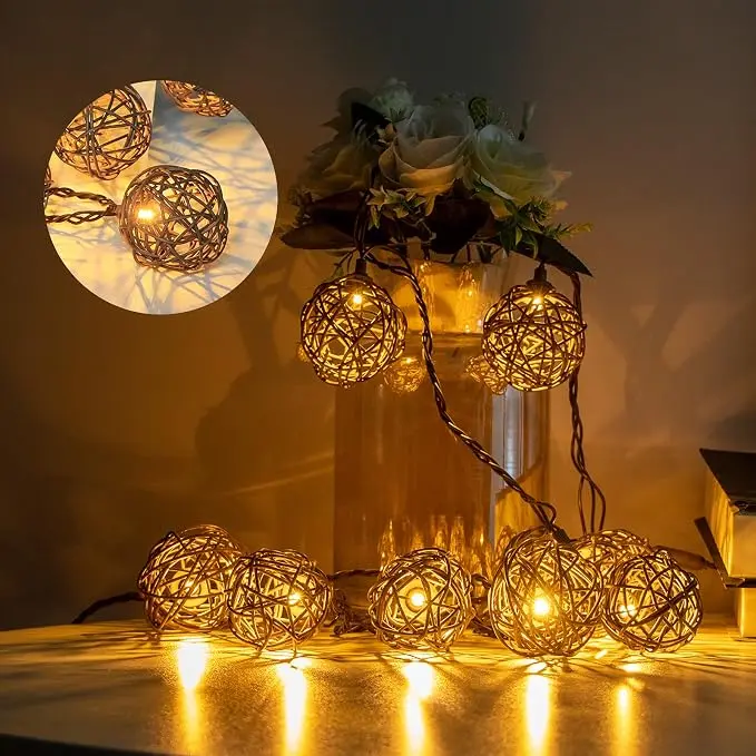 Vigdur Rattan Ball String Lights, Boho Lantern String Lights