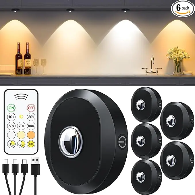 WILLED Puck Lights with Remote Control, Rechargeable Under Cabinet Lights