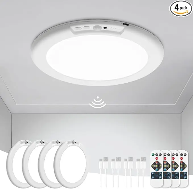 wowatt 4Pcs Battery Operated Ceiling Lights Rechargeable Motion Sensor Light